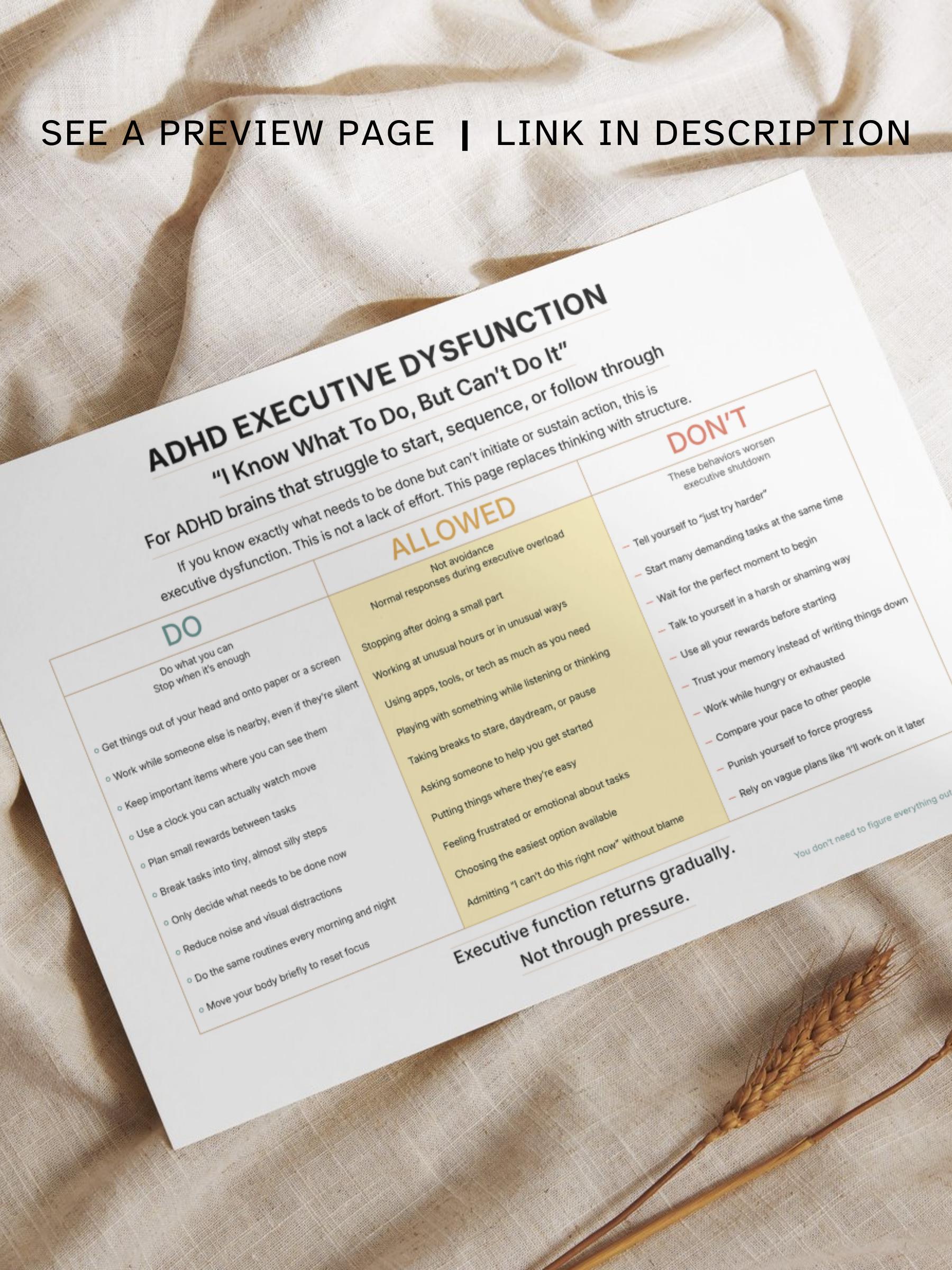 Executive Dysfunction in ADHD Cheat Sheet, Self Help Therapy Worksheet ...