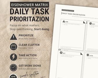 Eisenhower Matrix Planner Template for Owerwhelm ADHD Adults, Daily Productivity and Task Prioritization Printable