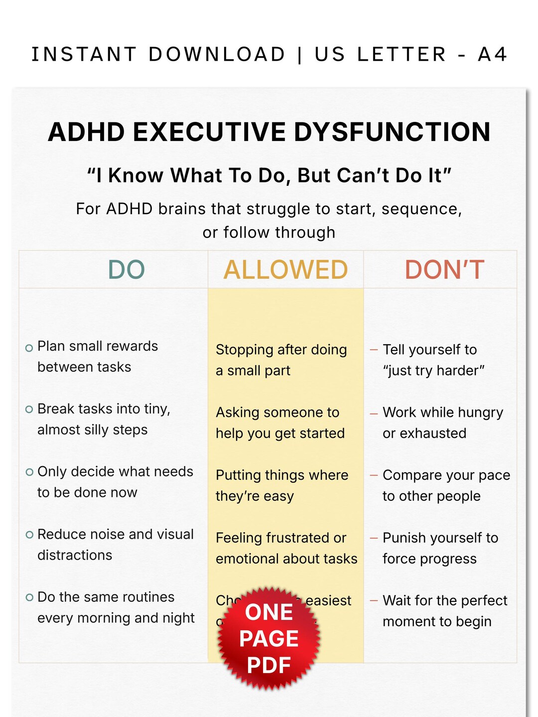 Executive Dysfunction in ADHD Cheat Sheet, Executive Function Tools for ...