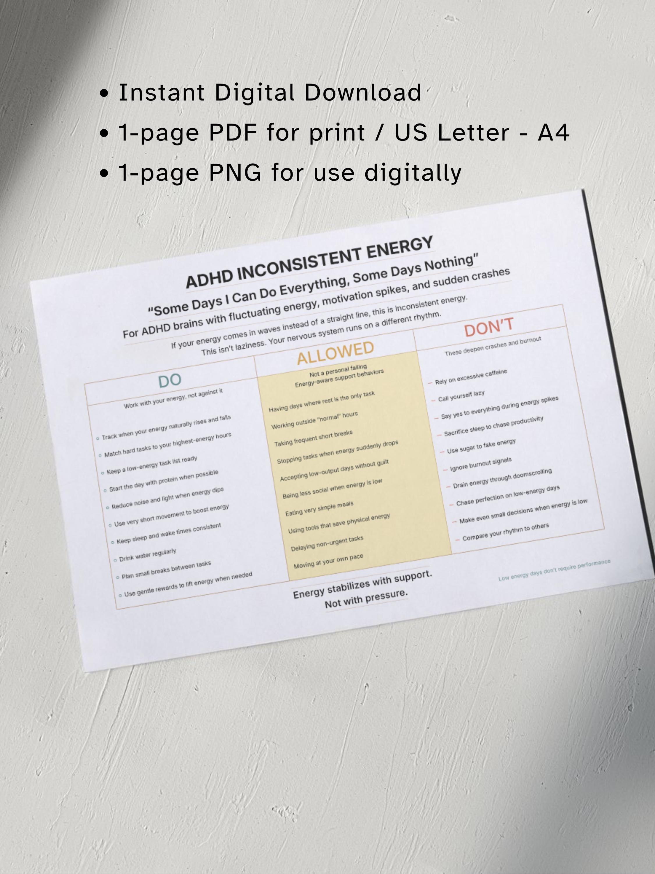 Inconsistent Energy ADHD Inconsistent Energy Coping Skills, Energy Crash One Page Printable ...