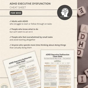 Może przedstawiać: Ściąga dotycząca dysfunkcji wykonawczych w ADHD z beżowym tłem, czarnym tekstem i okrągłą ikoną przedstawiającą profil głowy ze znakiem zapytania. Dokument zawiera listę objaw&oacute;w oraz strategii pomocnych w radzeniu sobie z zadaniami.
