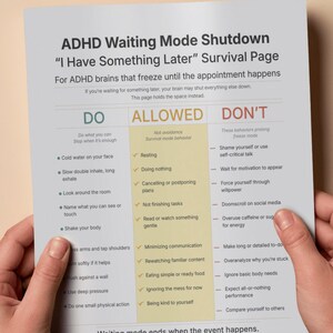 Könnte beinhalten: Ein weißes Informationsblatt mit dem Titel ADHD Waiting Mode Shutdown, "I Have Something Later" Survival Page. Es enthält drei Spalten mit den Überschriften DO, ALLOWED und DON'T, die verschiedene Bewältigungsstrategien und Verhaltensweisen für den ADHS-Wartemodus auflisten.