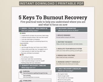 Folha de exercícios para recuperação da síndrome de burnout, guia de cura para exaustão mental e emocional, recurso de aconselhamento para impressão