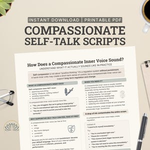 Compassionate Self-Talk Scripts for Harsh Self-Talk, Self-Compassion Exercises, Inner Critic Therapy Handout Printable
