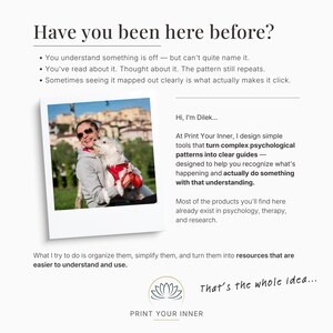 Może przedstawiać: Biała grafika informacyjna z nagł&oacute;wkiem Have you been here before? zawierająca zdjęcie w stylu polaroid przedstawiające osobę z białym psem, tekst o Print Your Inner oraz logo kwiatu lotosu z napisem Print Your Inner poniżej.