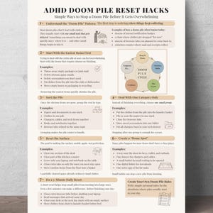 Foglio riassuntivo dei trucchi per resettare la pila di sventure dell'ADHD, organizzazione stampabile in PDF