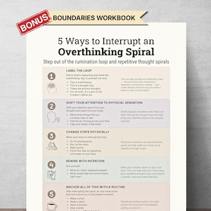 Könnte beinhalten: Ein weißes Informationsdokument mit dem Titel 5 Ways to Interrupt an Overthinking Spiral und einem roten Bonus-Etikett. Es listet fünf nummerierte Schritte auf, darunter Label the Loop, Shift Your Attention, Change State, Rewire with Intention und Anchor with a Routine.