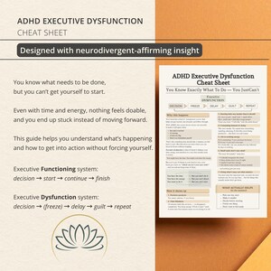 Może przedstawiać: Arkusz informacyjny dotyczący dysfunkcji wykonawczych w ADHD z beżowym tłem i ciemnym tekstem. Dokument opisuje systemy funkcjonowania i dysfunkcji wykonawczych, wyjaśniając paraliż decyzyjny, ślepotę czasową oraz strategie ułatwiające działanie.