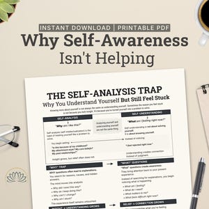 Self Analysis Trap Cheat Sheet, Self Awareness vs Self Understanding Guide, Overthinking and Ruminating Thoughts, Therapy Handout