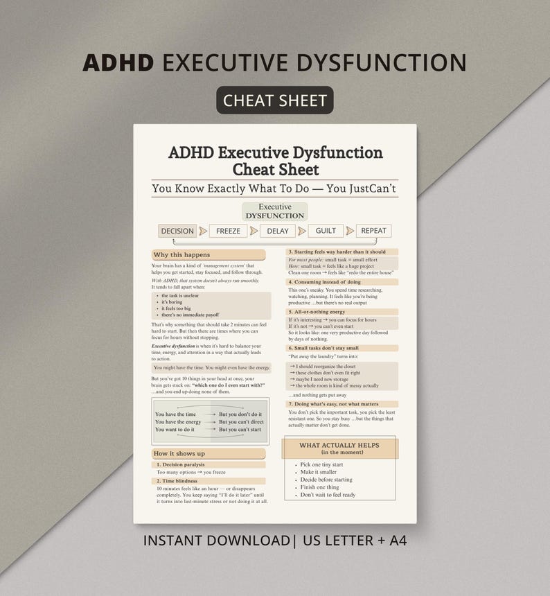 Arkusz informacyjny dotyczący inicjowania zadań w ADHD, pomoc dla dorosłych w przypadku paraliżu decyzyjnego, przewodnik po dysfunkcjach wykonawczych zdjęcie 2