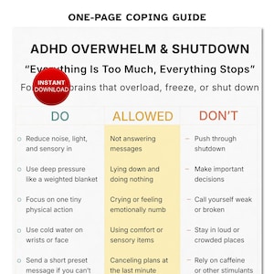 Hoja de referencia para afrontar la sobrecarga y el aislamiento por TDAH: herramienta de apoyo de emergencia de una página para adultos (PDF imprimible)