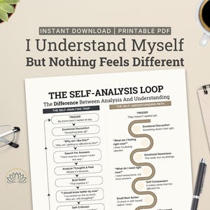 Può includere: Un documento PDF stampabile intitolato I Understand Myself But Nothing Feels Different, che presenta un diagramma chiamato The Self-Analysis Loop. Mette a confronto The Self-Analysis Trap e The Self-Understanding Path usando caselle di testo e un grafico a percorso.