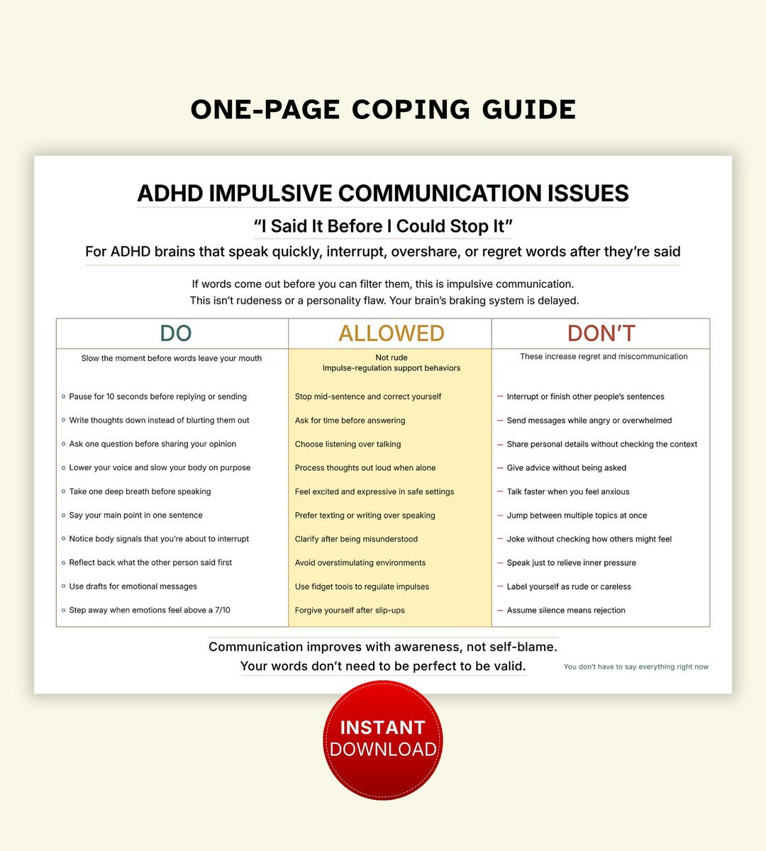 ADHD Impulsive Communication Cheat Sheet for Adults, Reduce Regret ...