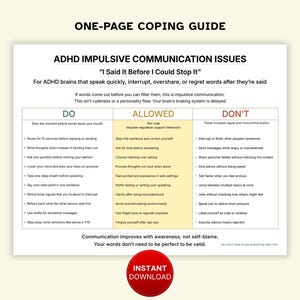 Hoja de trucos para la comunicación impulsiva con TDAH para adultos: Reduce el arrepentimiento después de hablar (PDF imprimible de una página)