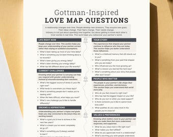 Perguntas do Mapa do Amor Inspiradas em Gottman, Material de Trabalho para Terapia de Casal de Gottman (Imprimível), Folha de Exercícios sobre Intimidade e Conversa no Relacionamento