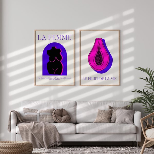 Digital Download Art Print, Minimalistic Pink Purple Feminist Poster, La Femme, Le Fruit, Set Of 2, Empowerment, Body Positivity, Woman Body