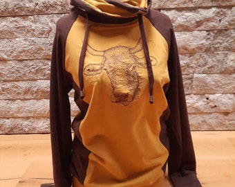 Hoodie for women size 38 cow in mustard yellow/brown, collared sweater, women's sweater, handmade for women, embroidery