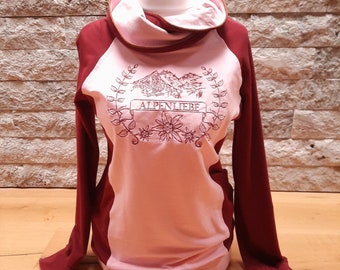 Hoodie für Damen Gr 38 Alpenliebe, Berge, Alpen, Damenhoodie, Oberteil für Damen, Kragenpulli rosa/bordeaux