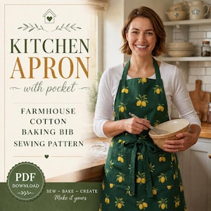 Puede incluir: Un delantal de cocina de algodón verde con un estampado de limones, un bolsillo y un lazo en la cintura. El delantal forma parte de un patrón de costura de babero de panadería de granja. El texto "KITCHEN APRON with pocket" y "PDF DOWNLOAD" está incluido.