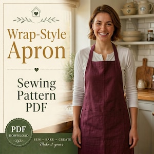 Puede incluir: Un delantal burdeos estilo envolvente con dos bolsillos delanteros. La imagen presenta el texto "Wrap-Style Apron Sewing Pattern PDF" y "Sew, Bake, Create, Make it yours". Una mujer lleva el delantal en una cocina.
