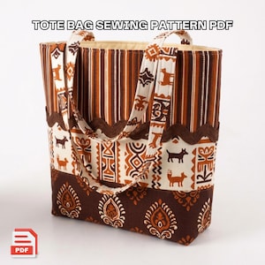 May include: A tote bag with a brown, cream, and white patterned design. The bag features a repeating pattern of dogs, geometric shapes, and vertical stripes. The text "TOTE BAG SEWING PATTERN PDF" is at the top.