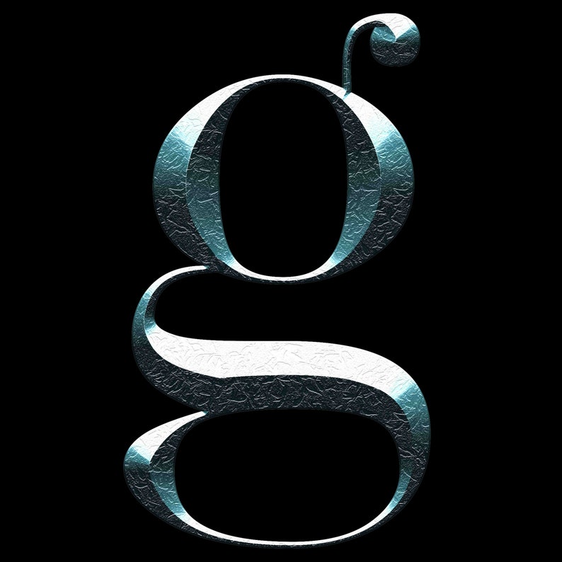May include: A silver metallic letter G with a textured surface. The letter is in a stylised font with a flourish at the top.