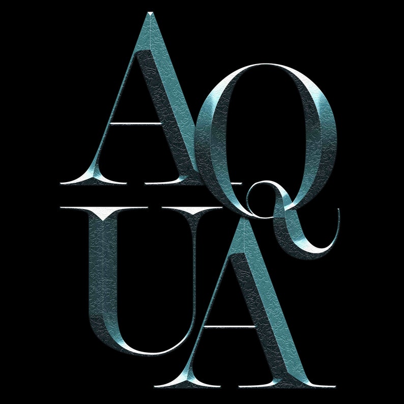 May include: A 3D rendering of the word "AQUA" in a metallic blue colour with a textured surface.