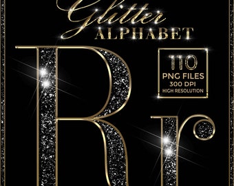 May include: Gold glitter letter R against a black background. The letter is outlined in gold and has a sparkling effect. The text "Glitter Alphabet" is above the letter and the text "110 PNG Files 300 DPI High Resolution" is to the right of the letter.