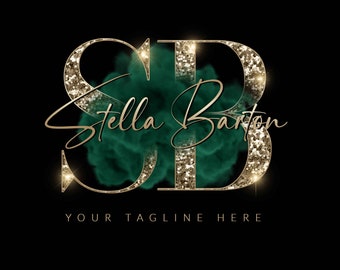 May include: Gold glitter letters "SB" with a green watercolor background and the text "Stella Barton" in cursive script. The text "Your Tagline Here" is below the letters and the text "Main Logo" is at the bottom of the image.