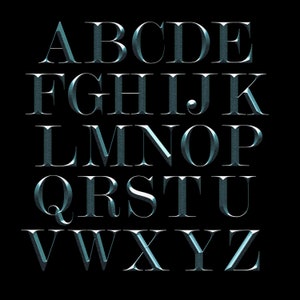 May include: A silver alphabet with a textured, metallic finish. The letters are in a classic serif font and are set against a black background.