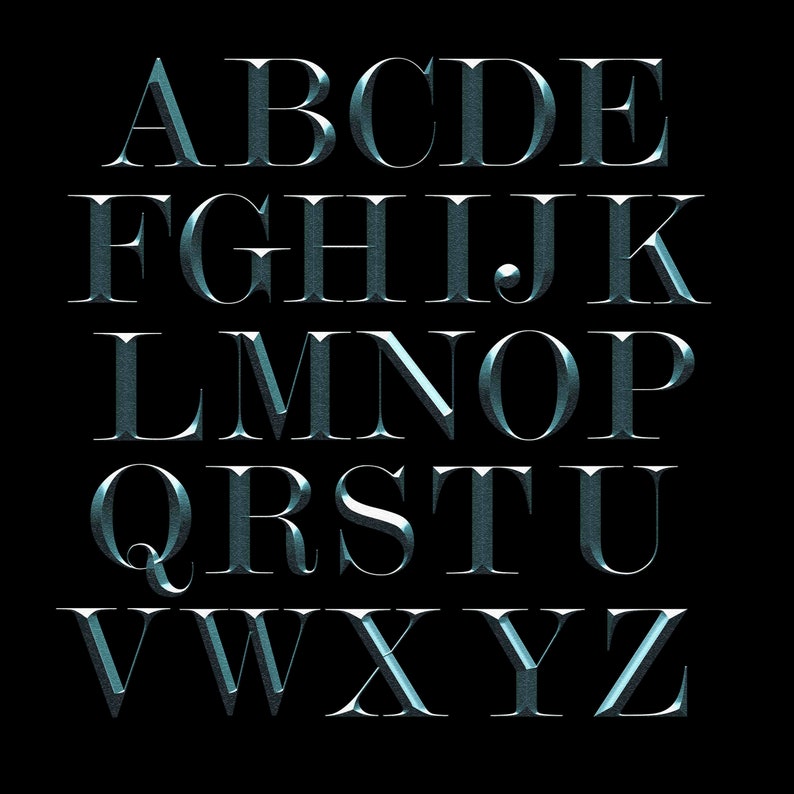 May include: A silver alphabet with a textured, metallic finish. The letters are in a classic serif font and are set against a black background.