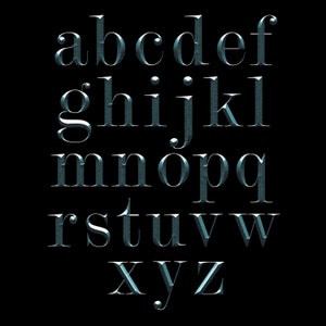 May include: A silver metallic alphabet with a textured, brushed finish. The letters are in a classic serif font style.