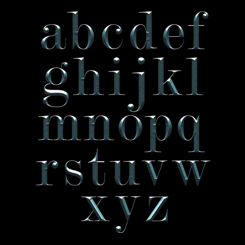 May include: A silver metallic alphabet with a textured, brushed finish. The letters are in a classic serif font style.