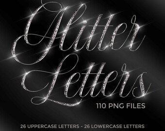 May include: Silver glitter letters, numbers, and symbols in a cursive font. There are 110 PNG files in this set. The text reads "Glitter Letters 110 PNG FILES 26 UPPERCASE LETTERS - 26 LOWERCASE LETTERS 10 NUMBERS - 39 SYMBOLS - 6 LIGHT FLARES"