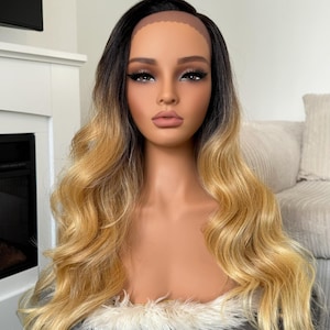 GLUELESS 28inch Wavy Ombre Blonde Wig Dark Rooted Synthetic Hair Lace Front Wig Heat Resistant Side Parting Womens Wig