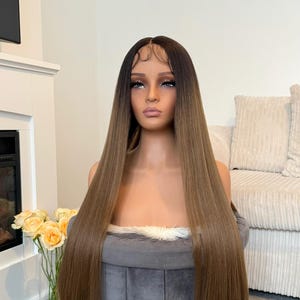 Two Tone 38 Inches Ombre Brown Long Hair Natural Realistic Synthetic Hair Lace Front Wig