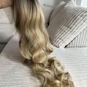 Blonde 26 Inch Long Loose Curl 13x4 Balayage Lacefront Synthetic Hair Womens Glueless Wig