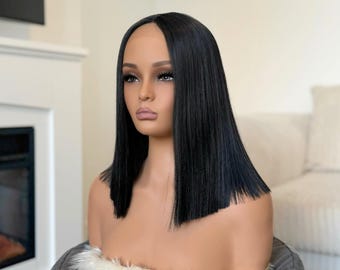 10-inch Black Straight Bob Wig | T-part Lace Front Synthetic 