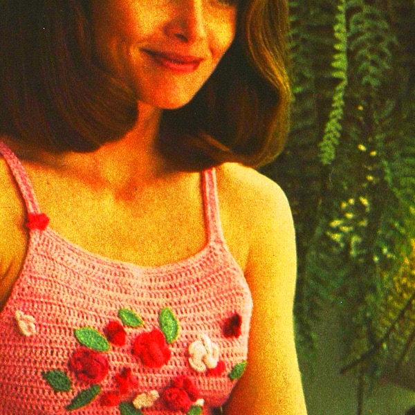 Vintage Ladies Crochet Tank Top With Crochet Flower Detail Sizes (10-12-14) PDF Pattern Download 1970's Summer Crochet Fashion