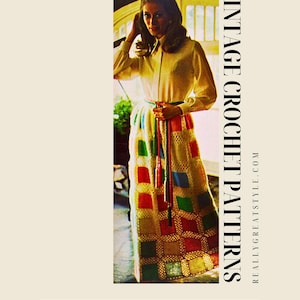 Vintage Granny Square Maxi Skirt With Weaving Detail Crochet Pattern PDF Download Summer/Spring Vintage Fashion