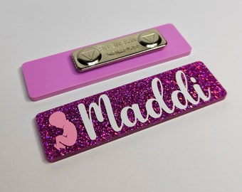 Personalised Acrylic Name Badge / glitter name badge/ magnet backing name badge glitter or solid colours