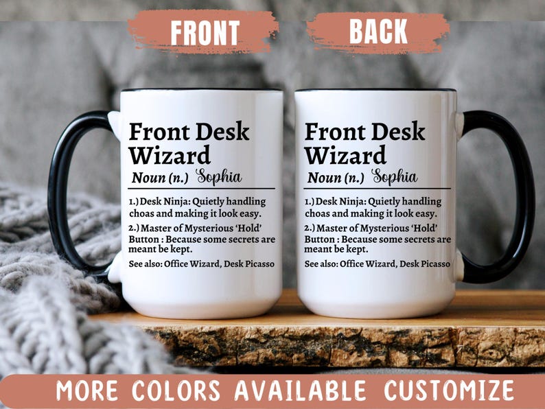 Custom Name Front Desk Wizard Mug, Coworker Mug, Custom Work Bestie Cup