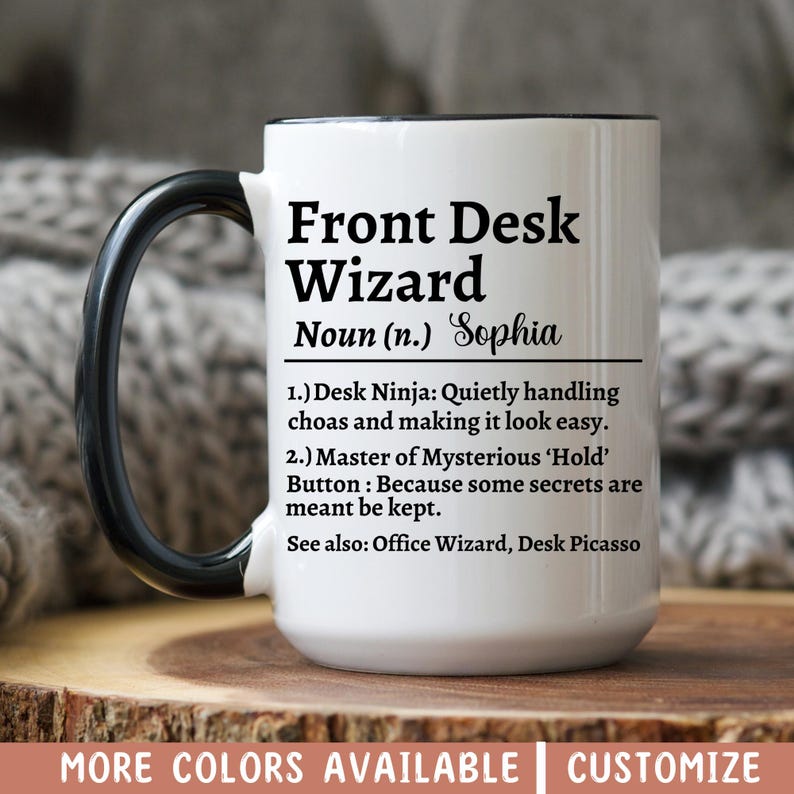 Custom Name Front Desk Wizard Mug, Coworker Mug, Custom Work Bestie Cup