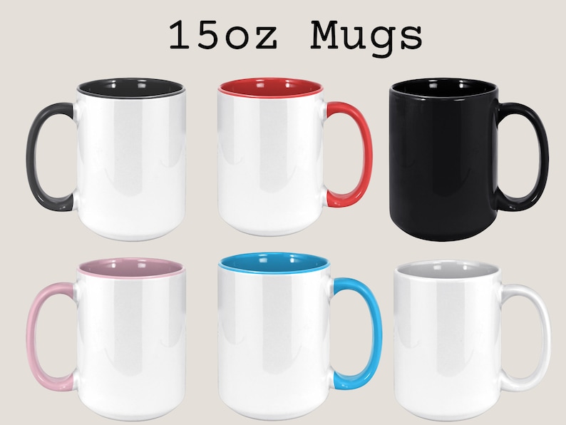 Op de afbeelding: Zes 444ml keramische mokken met diverse kleuraccenten. De mokken hebben witte buitenkanten met zwarte, rode, zwarte, roze, blauwe en witte handvatten en binnenranden. De tekst "15oz Mugs" wordt bovenaan de afbeelding weergegeven.