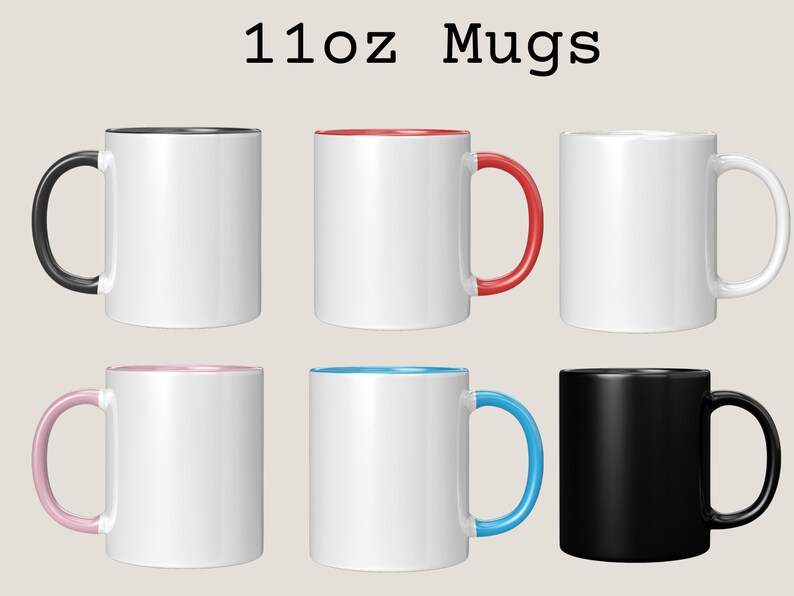 Op de afbeelding: Zes 312 ml keramische mokken met witte buitenkanten en gekleurde accenten. De mokken hebben zwarte, rode, witte, roze, blauwe en zwarte handvatten en binnenranden. De tekst "11oz Mugs" staat bovenaan de afbeelding.