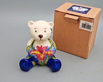 Old Tupton Ware Teddy Bear Figurine 3.5" | Tube Lined Ceramic Iris Floral Bear Ornament Hand Painted Art Deco Pottery Collectible Boxed Gift