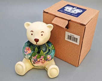 Old Tupton Ware Teddy Bear Figurine 3.5" Tube Lined Ceramic Wisteria Floral Bear  Hand Painted Art Deco Pottery Collectible Boxed Gift