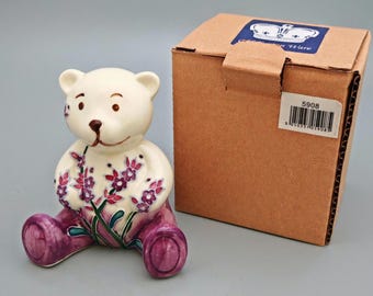 Old Tupton Ware Teddy Bear Figurine 3.5" Tube Lined Ceramic Lavender Floral Bear Ornament Hand Painted Art Pottery Collectible Boxed Gift