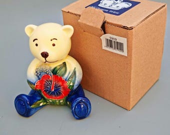 Old Tupton Ware Teddy Bear Figurine 3.5" Tube Lined Ceramic Hibiscus Floral Bear Ornament Hand Painted Art Deco Pottery Collectible Gift