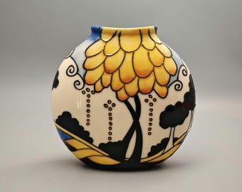 Old Tupton Ware Dawn Vase 6 Inch Round Purse Vase Hand Painted Tubelined Yellow Tree Landscape Pottery Boxed Jeanne McDougall Gift